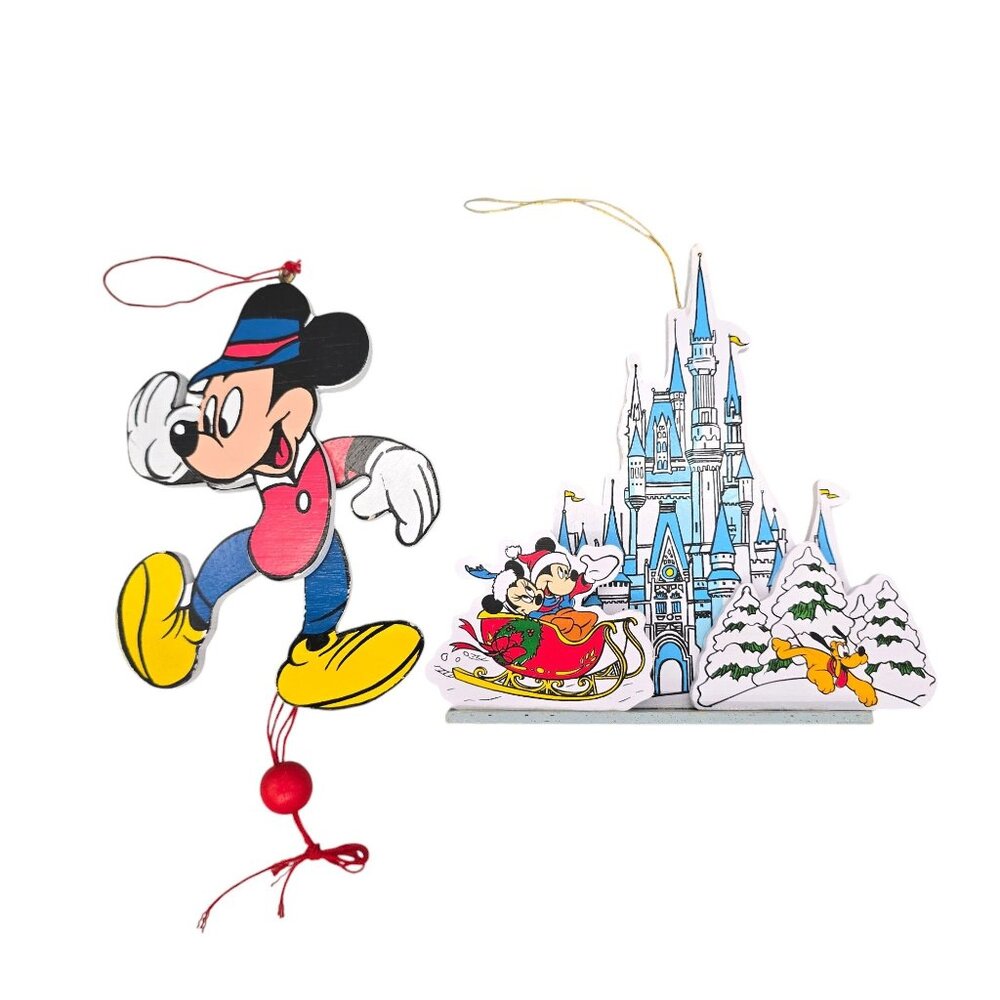 Vintage Disney‎ Wooden Christmas Ornaments Set 1987 Mickey Mouse Castle Holiday